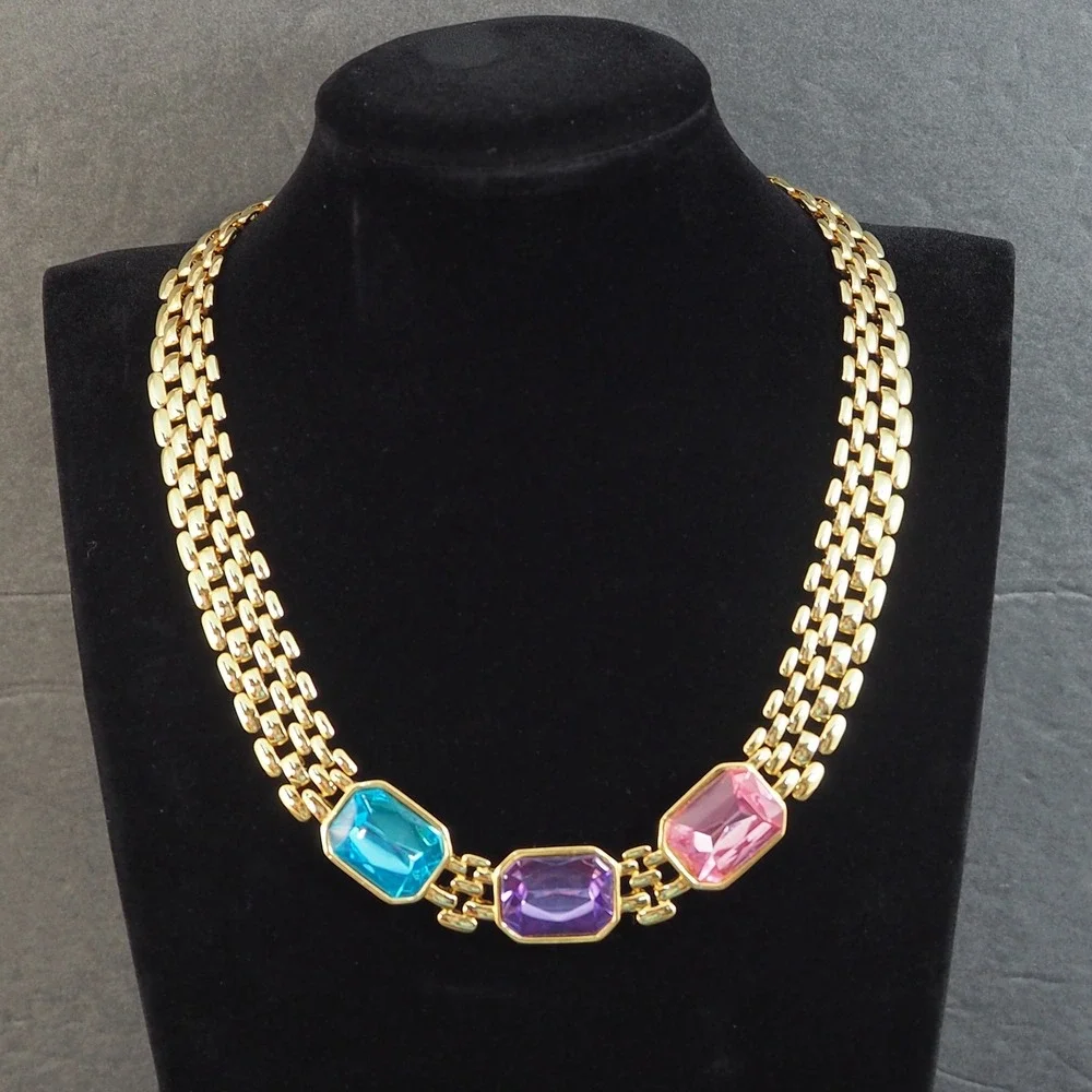 Trifari Panther Link Choker Necklace Pink Blue Purple Glass Gold Tone MCM VTG